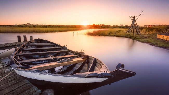 Обои картинки фото корабли, лодки,  шлюпки, река, лодка, закат