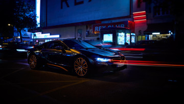 Картинка bmw+i8 автомобили bmw черный свет неон город здания улица