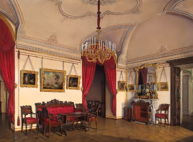 Обои картинки фото рисованное, эдуард гау, дворец, комната, гостиная, люстра, стол, стулья, диван