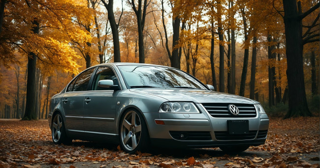 Обои картинки фото volkswagen passat b5, автомобили, volkswagen, passat, forest, autumn, stance, ai, art, generated
