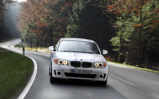 Обои картинки фото автомобили, bmw, белый, скорость, дорога, шоссе, лес, осень