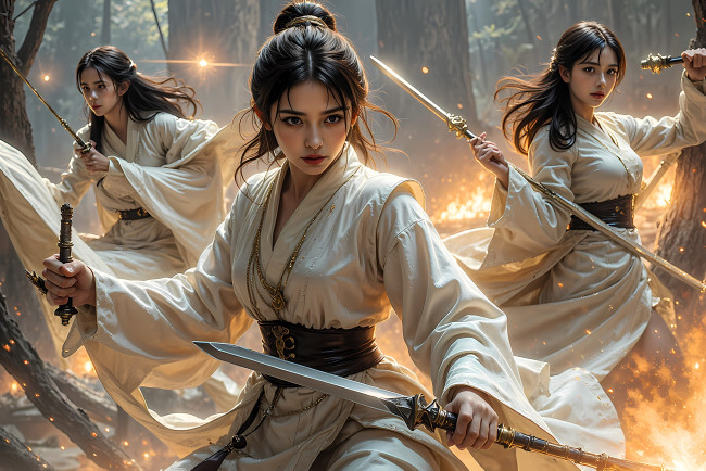 Обои картинки фото фэнтези, девушки, воительницы, оружие, лес