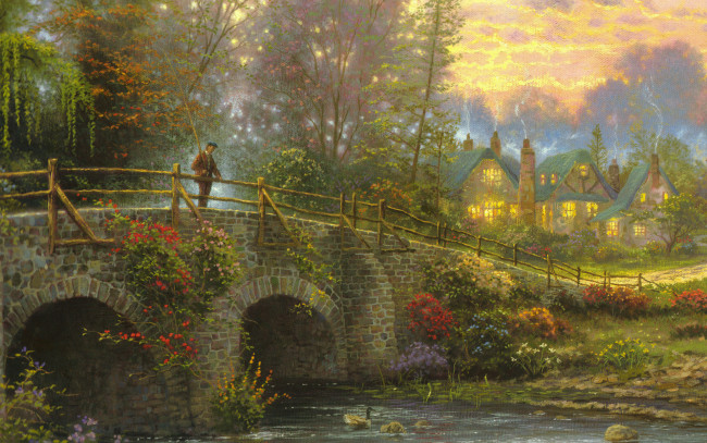 Обои картинки фото cobblestone, evening, рисованные, thomas, kinkade, река, мост, рыбак