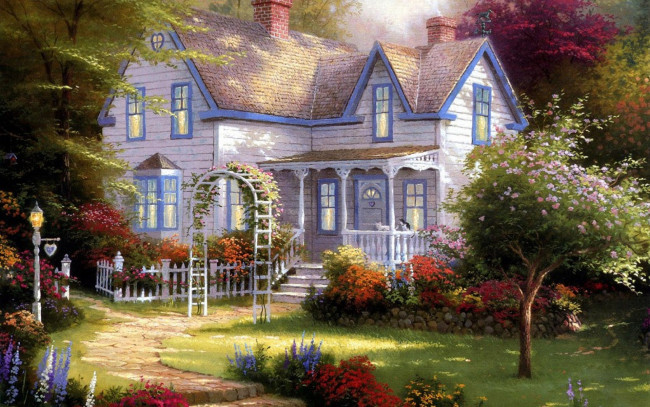 Обои картинки фото home, is, where, the, heart, рисованные, thomas, kinkade, лето, дом, коттедж