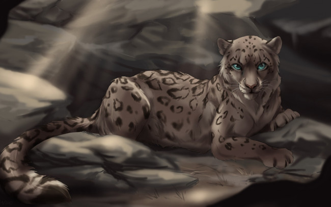 Обои картинки фото рисованные, животные, хищник, солнечные, лучи, пятна, лежа, скалы, дикая, кошка, ирбис