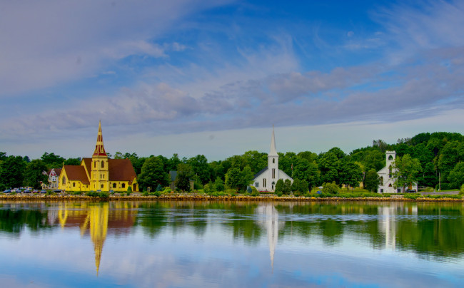 Обои картинки фото канада, новая, шотландия, луненберг, города, пейзажи, дома, набережная, деревья, река
