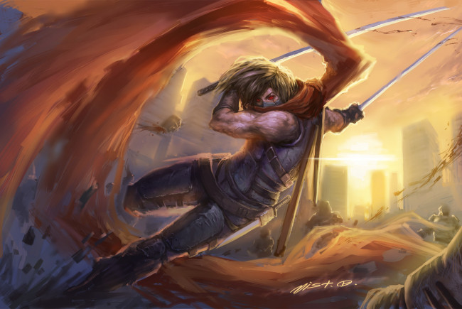 Обои картинки фото фэнтези, люди, кровь, удар, мечи, воин