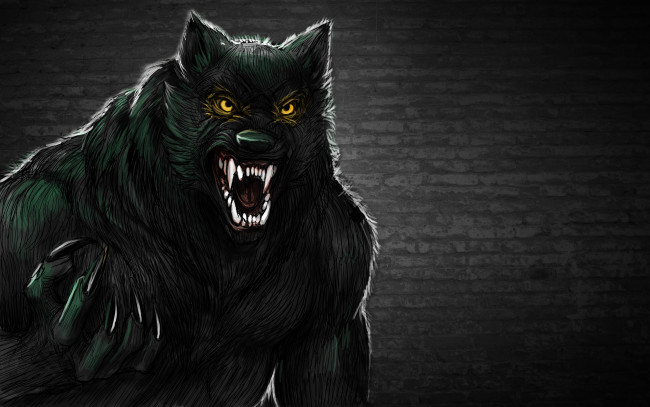 Обои картинки фото фэнтези, оборотни, стена, оскал, оборотень, волк