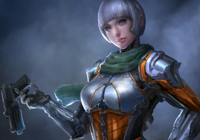 Обои картинки фото фэнтези, девушки, девушка, шарф, костюм, пистолет