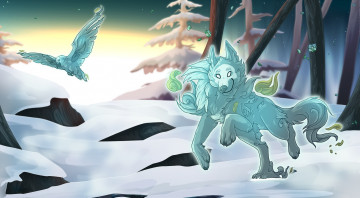 Картинка рисованное животные +собаки снег птица лес взгляд собака