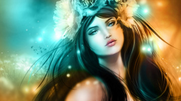 Картинка 3д+графика портрет+ portraits венок девушка цветы брюнетка портрет