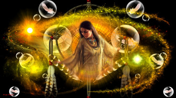 Картинка рисованное люди перья индианка абстракция шары свет