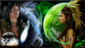 Картинка разное компьютерный+дизайн девушка профиль перья индейцы индеец планеты и индианка