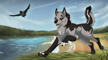 Картинка рисованное животные +собаки природа птица река собака