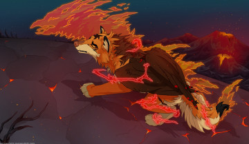 Картинка рисованное животные +сказочные +мифические волк огонь горы