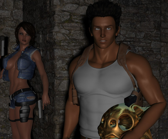 Обои картинки фото 3д графика, фантазия , fantasy, взгляд, фон, оружие, мужчина, девушка