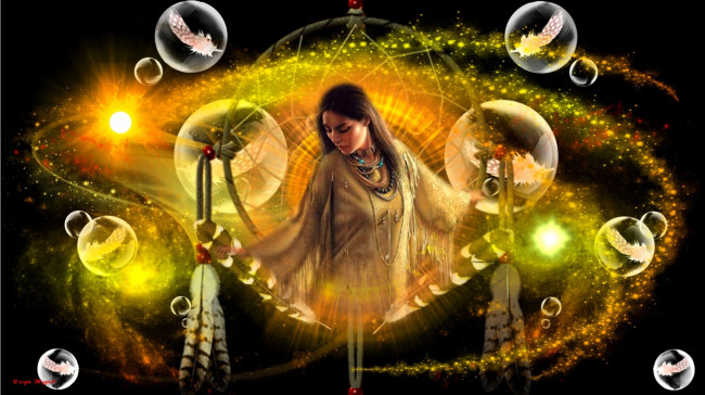 Обои картинки фото рисованное, люди, перья, индианка, абстракция, шары, свет