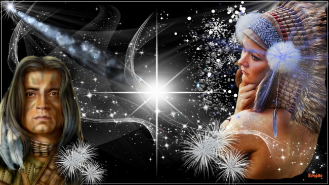 Обои картинки фото разное, компьютерный дизайн, снежинки, индеец, девушка, вспышки, свет, огни