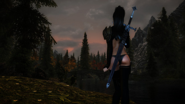 Обои картинки фото 3д графика, амазонки , amazon, река, мост, лес, оружие, фон, взгляд, девушка