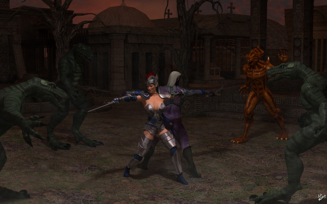 Обои картинки фото 3д графика, фантазия , fantasy, оружие, существа, фон, взгляд, девушка