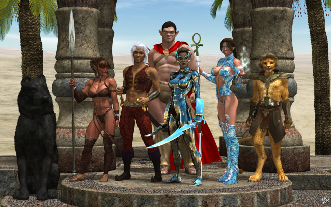 Обои картинки фото 3д графика, фантазия , fantasy, троли, фон, взгляд, девушки, оружие