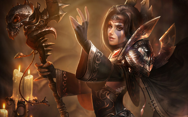 Обои картинки фото фэнтези, маги,  волшебники, доспехи, посох, колдунья, девушка