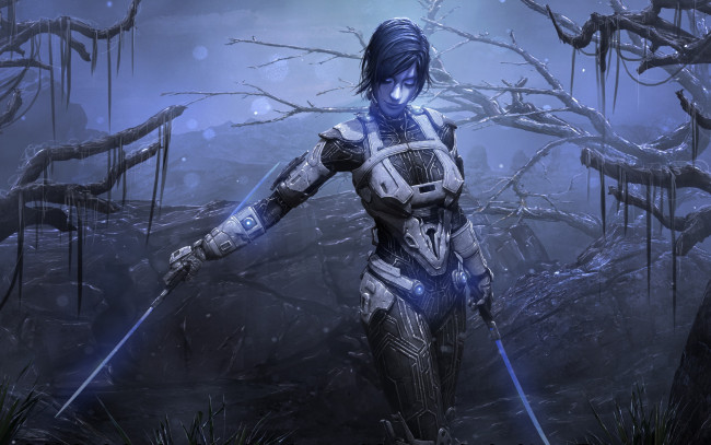 Обои картинки фото фэнтези, роботы,  киборги,  механизмы, фантастика, лес, деревья, костюм, лезвие, арт, меч, девушка