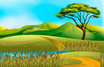 обоя векторная графика, природа , nature, камыши, дерево, природа, холмы