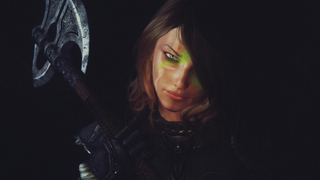 Обои картинки фото 3д графика, фантазия , fantasy, взгляд, девушка, фон, топор, рендеринг