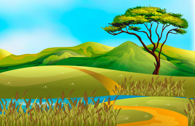 Обои картинки фото векторная графика, природа , nature, камыши, дерево, природа, холмы