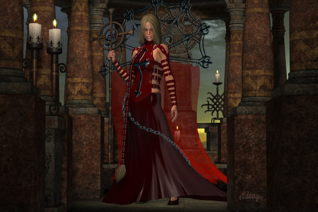 Обои картинки фото 3д графика, фантазия , fantasy, свечи, фон, взгляд, девушка