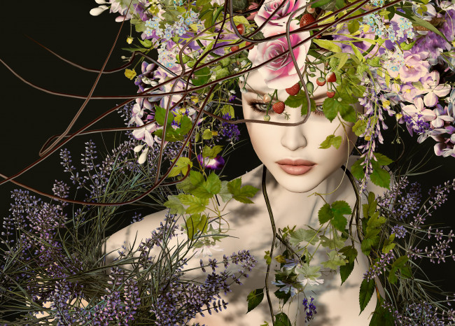Обои картинки фото 3д графика, портрет , portraits, девушка, лицо, венок, цветы