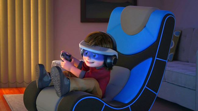 Обои картинки фото мультфильмы, toy story that time forgot, очки, мальчик, пульт, кресло