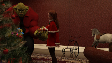 Картинка 3д+графика фантазия+ fantasy девушка взгляд фон елка новый год