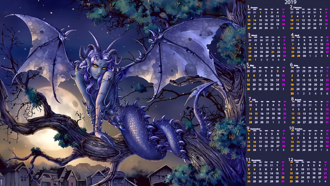 Обои картинки фото календари, фэнтези, крылья, дерево, существо, взгляд