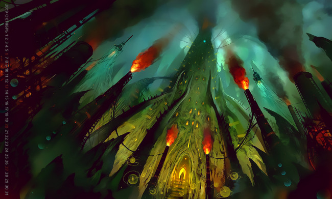 Обои картинки фото календари, фэнтези, сооружение, вход, пламя, огонь, 2019, calendar, здание