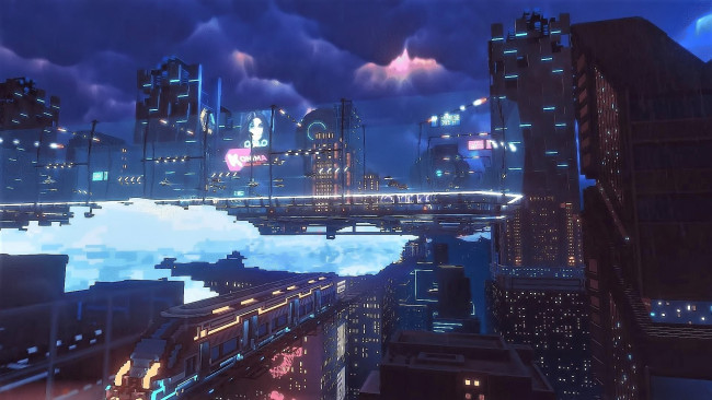 Обои картинки фото видео игры, cloudpunk, город, будущее, огни
