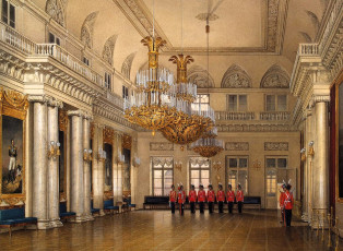 обоя рисованное, эдуард гау, дворец, интерьер, зал, люстры, колонны, солдаты