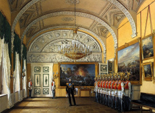 обоя рисованное, эдуард гау, дворец, интерьер, зал, лепнина, люстра, солдаты, император, картины