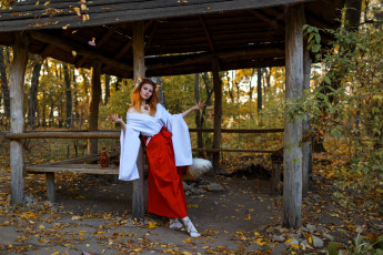 Картинка девушки ира+сокол образ косплей костюм наряд лиса ушки хвосты осень деревья беседка