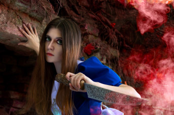 обоя девушки, tomka violea, образ, косплей, наряд, нож, скала, дым