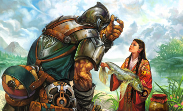 обоя фэнтези, существа, мужчина, жемчужина, девушка, рыба, халат, река