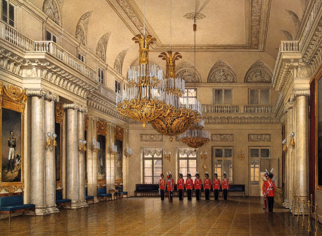 Обои картинки фото рисованное, эдуард гау, дворец, интерьер, зал, люстры, колонны, солдаты