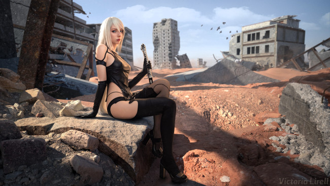 Обои картинки фото девушки, victoria lirell, образ, косплей, наряд, костюм, меч, оружие, развалины