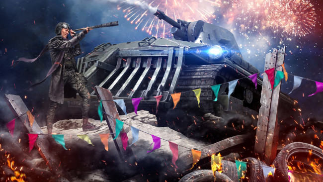 Обои картинки фото видео игры, crossout, танк, салют, флажки, человек, очки, подзорная, труба, куча, огонь