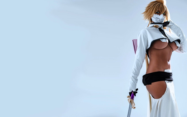 Обои картинки фото девушки, nonsummerjack, образ, костюм, наряд, косплей, маска, оружие