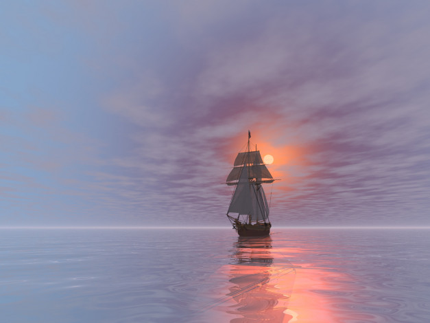 Обои картинки фото 3д, графика, sea, undersea, море, закат, парусник, небо