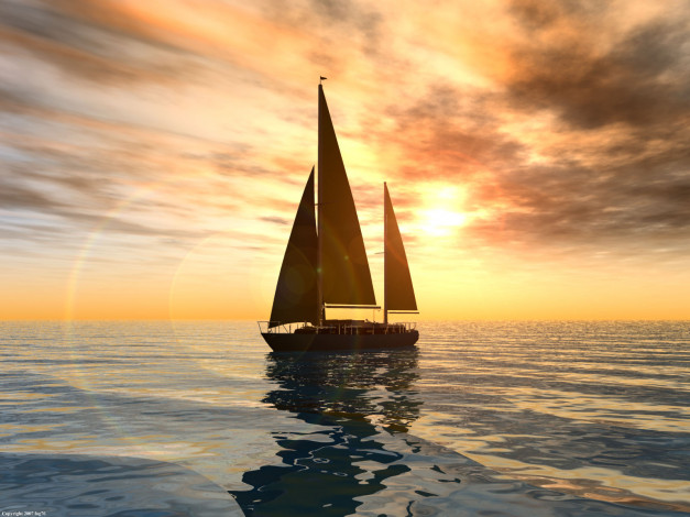Обои картинки фото 3д, графика, sea, undersea, море, закат, парусник, небо