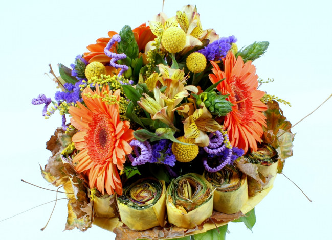 Обои картинки фото цветы, букеты, композиции, листья, герберы, травы