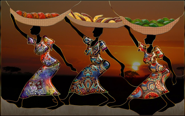 Обои картинки фото 3д, графика, people, люди, девушки, закат, фрукты